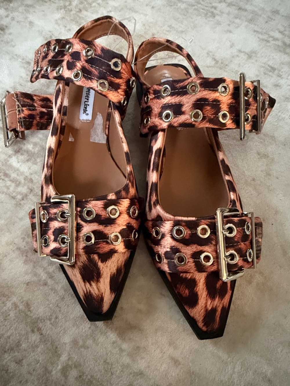 Forever Link Leopard-Print Pointed Buckle Flats in Brown & Black